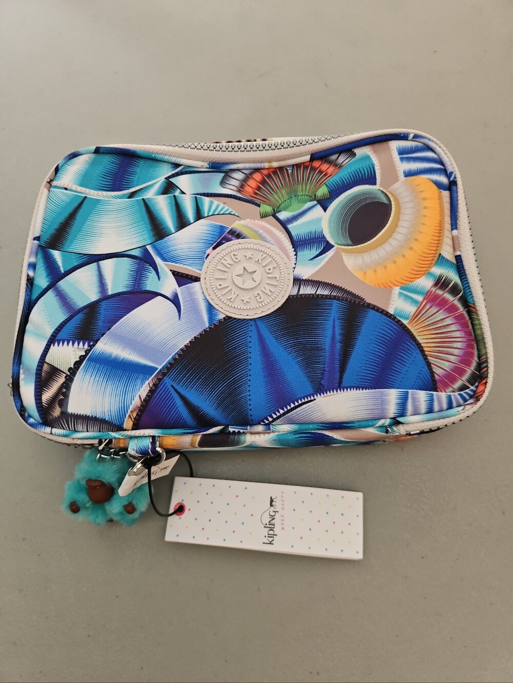Kipling Blue Multicolor Tropical Print Zip Pouch with Pom-Pom Charm